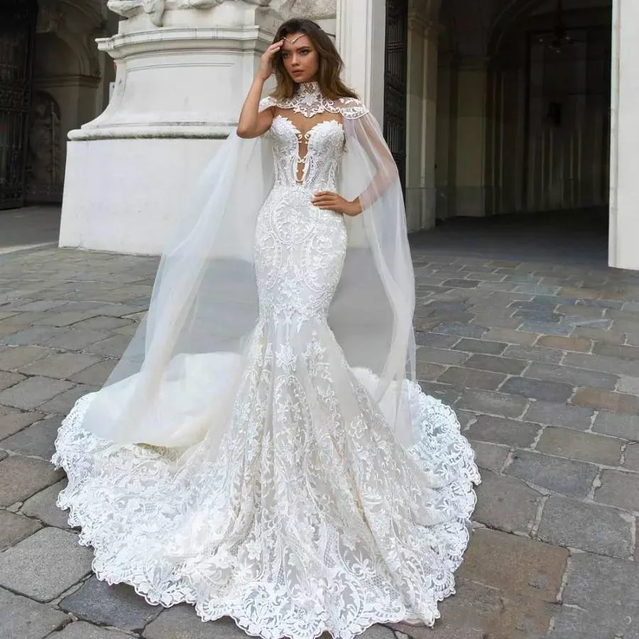 

Gorgeous Mermaid Lace Wedding Dresses 2020 With Cape Sheer Neck Bohemian Wedding Gown Appliqued Plus Size Bridal Vestid De Novia