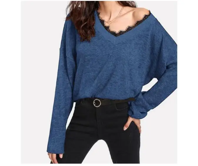 V Neck Sexy Shoulder Sweaters Spring Long Sleeve Lace Tops Female Casual Jumper Streetwear Loose Sweater Pullover | Женская одежда