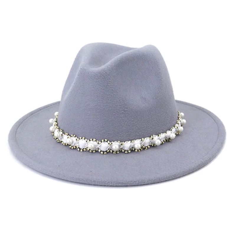 

women hats autumn solid belt band pearl luxury fedora hats fascinator green white black formal wedding church felted fedora hats