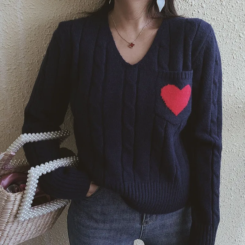 

European And American Style Love Ladies V-Neck Sweater New Cashmere Warmth Slim-Fit Sweater Non-Fading Washable Sweatshirt