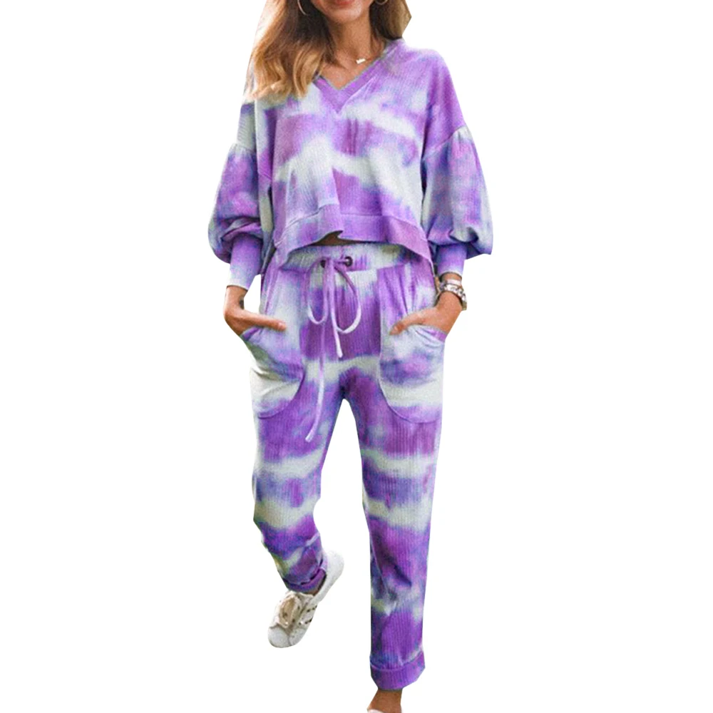 

Casual Daily Women Tie-dye Suits Wears Short Sleeve Round Collar Tops + Full Pants Two Pieces Sets For Women Homewear Sleepwear