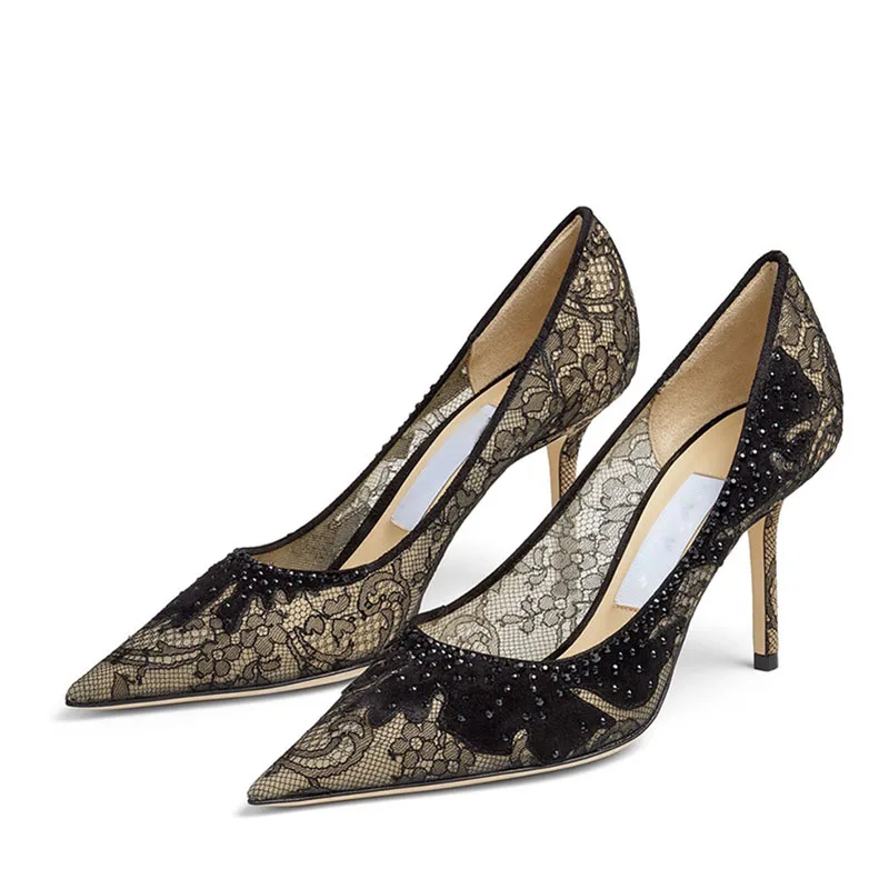 

2021 Spring Fashion Women High Heels Luxury Brand Pointed Toe Decor Flower Design Double Lace Sexy Pumps Lady Wedding Stilettos