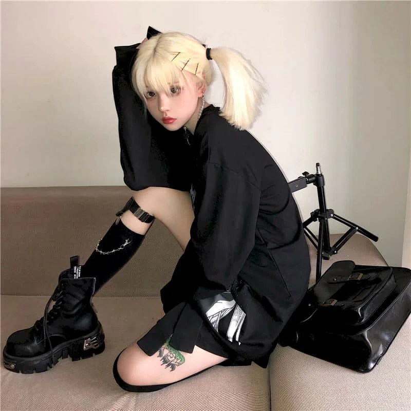 

New Spring Autumn Harajuku T-Shirt Women Tops BF Style Wicked Fun Demon Girl Print Long Sleeves Loose TShirts Woman Clothing