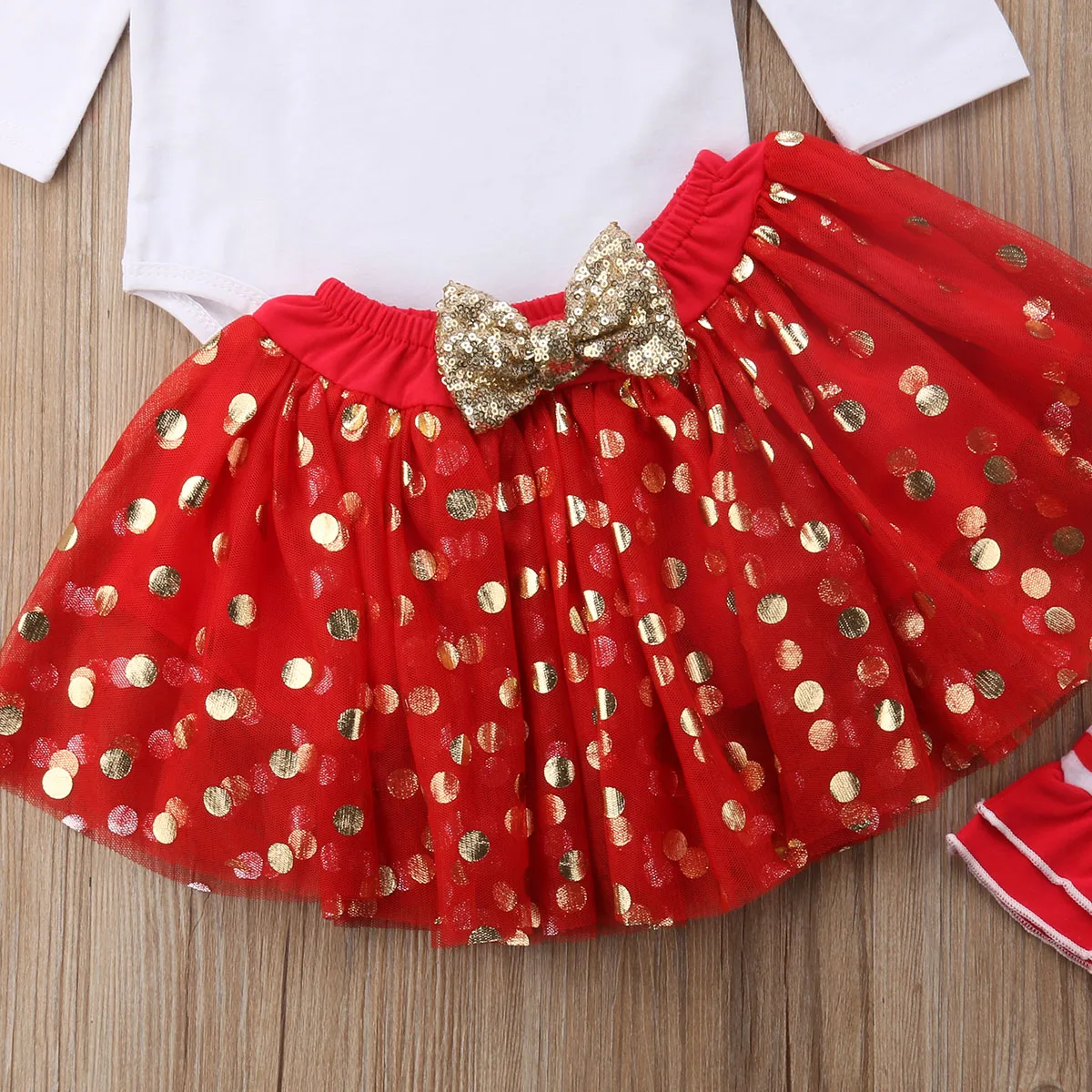 

4Pcs Christmas Newborn Baby Girls Christmas Romper + Dot Dress + Leg Warmes Outfits Clothes