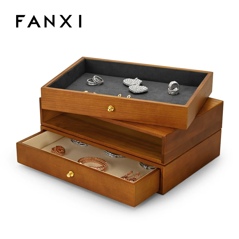 

FANXI 2021 Newly Wooden Jewelry Organizer Case Drawer Type Dust-proof Bangle Ring Necklace Storage Box with Microfiber