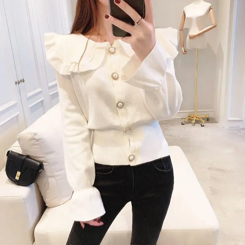 

White Fall Fashion Cardigans Pagoda Long Sleeve Sweater Loose Coat Casual Cloth Short Jacket Lapel Tops Clothes for Women 2022