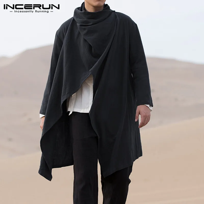 INCERUN, Мужское пальто, весна-осень, Hombre, ассиметричный, свободный, Ретро стиль, кардиган, верхняя одежда, панк, корейский, мужской Тренч с длинным рукавом, куртки, плащ