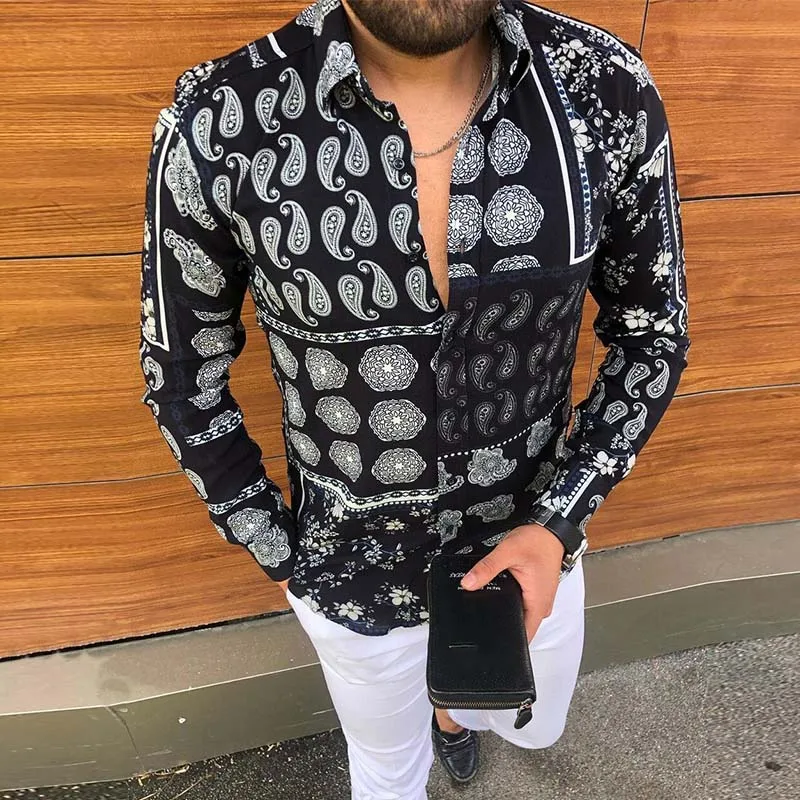 

2021 Spring Autumn Polyester Print Dress Shirt Men New Male Casual Long Sleeve Shirt Vintage clothing High Quality Man Clothes