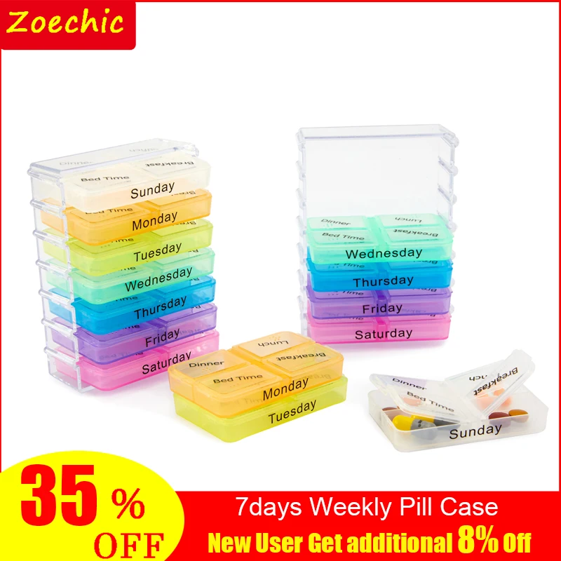 

Hot 7 Days Pill Case Tablet Sorter Medicine Weekly Storage Box Colorful Design Container Case Organizer Pill Organizer Boxs