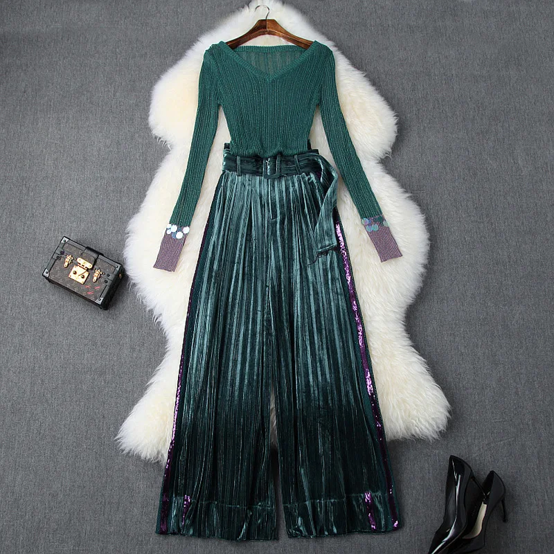 Женский бархатный костюм со штанами Осень-зима 2019 вязаный свитер с люрексом