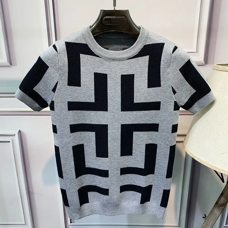 Новинка Осень-зима 2021 Мужской трикотажный свитер с коротким рукавом жаккардовый