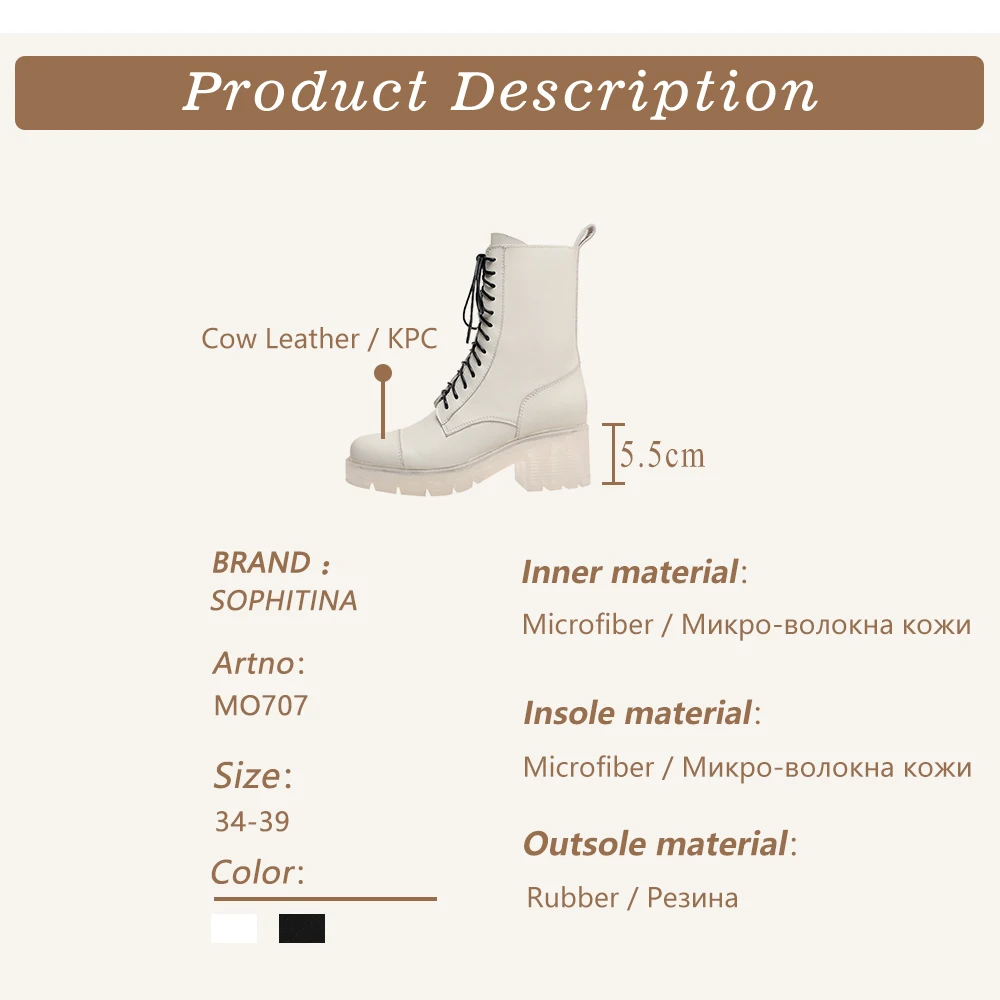 

SOPHITINA Women's Boots High Heel Platform Leather Handmade Ladies Mid-Calf Motorcycle Boots Lace-Up Zipper Shoes Women MO707
