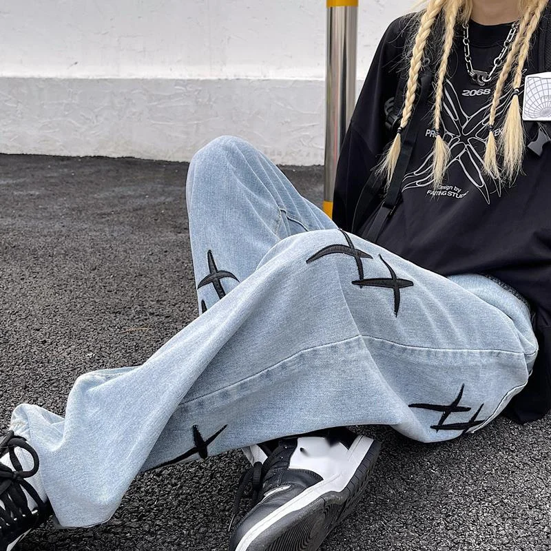 

Control 50 Fashion Jeans Leather Embroidery Design Letter Printing Heavy Industry Leisure Loose Wide Leg Straight Pants