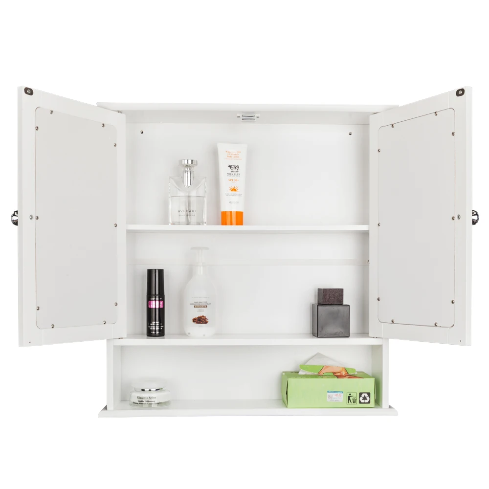 

[US-W]Double Door Mirror Indoor Bathroom Wall Mounted Cabinet Shelf White180821102