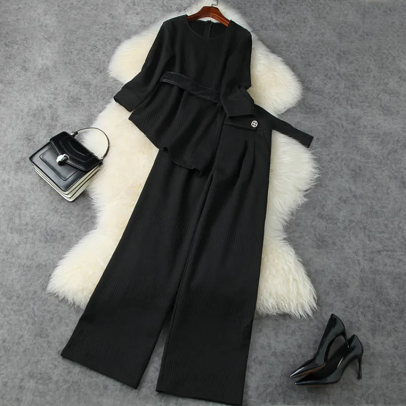

Women's Office Suit 2021 Early Spring Round Neck Irregular Top + High Waist Wide Leg Pants OL Solid Color 2PCS Set Female S-XL