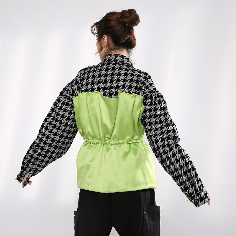 

[EAM] Green Black Drawstring Plaid Big Size Jacket New Lapel Long Sleeve Women Coat Fashion Tide Spring Autumn 2021 1H20306