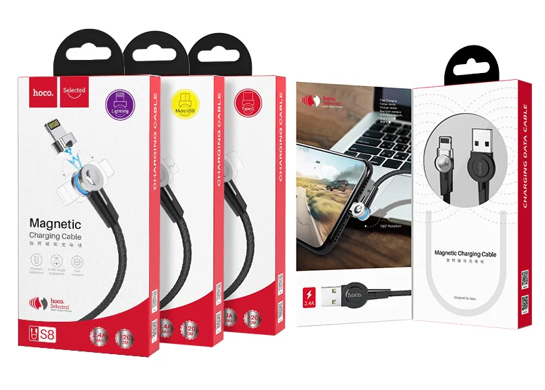 HOCO 180 градусов вращающийся магнитный кабель 3A Быстрая зарядка Micro usb type C кабель светодиодный провод для Apple iPhone samsung Xiaomi huawei