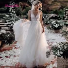 Женское длинное свадебное платье, белое Тюлевое платье с V-образным вырезом и открытой спиной, свадебное платье в стиле бохо, лето