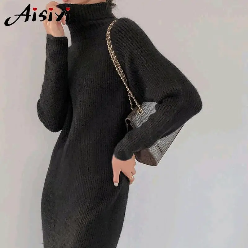 Платье свитер с высоким воротом женское зимнее теплое длинным рукавом реглан до