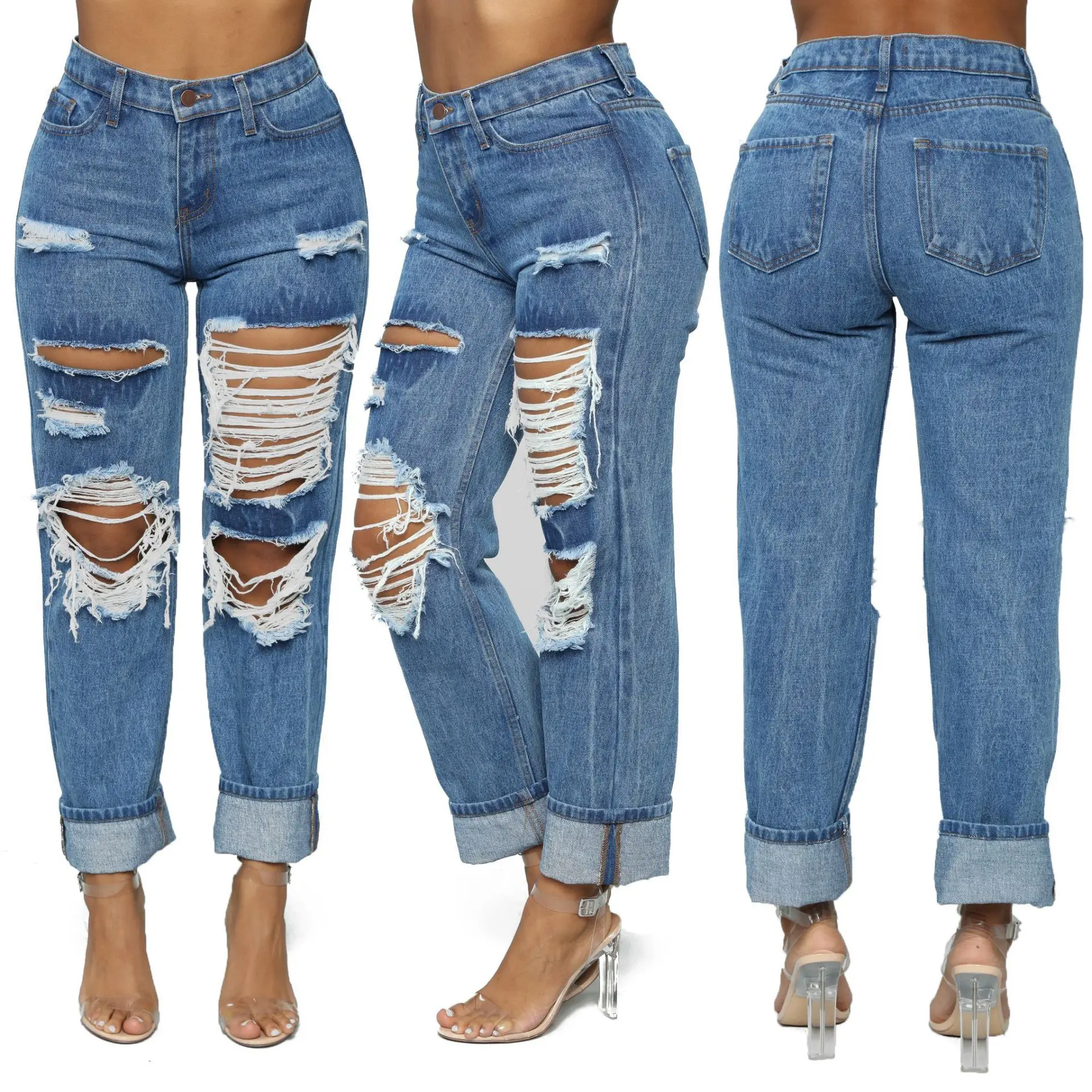 

Sexy Hollow Out Ripped Hole Jeans Women Casual Loose High Waist Straight Leg Jeans Female Vintage Fashion Distressed Denim Pants