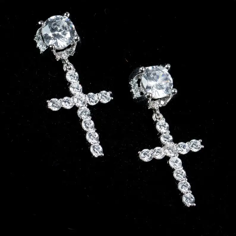 

Fashion Gold Plated Cross Crystal Bridal Long Drop Earrings Rhinestones Wedding Dangle Earrings For Men Women cool Jewelry Gift
