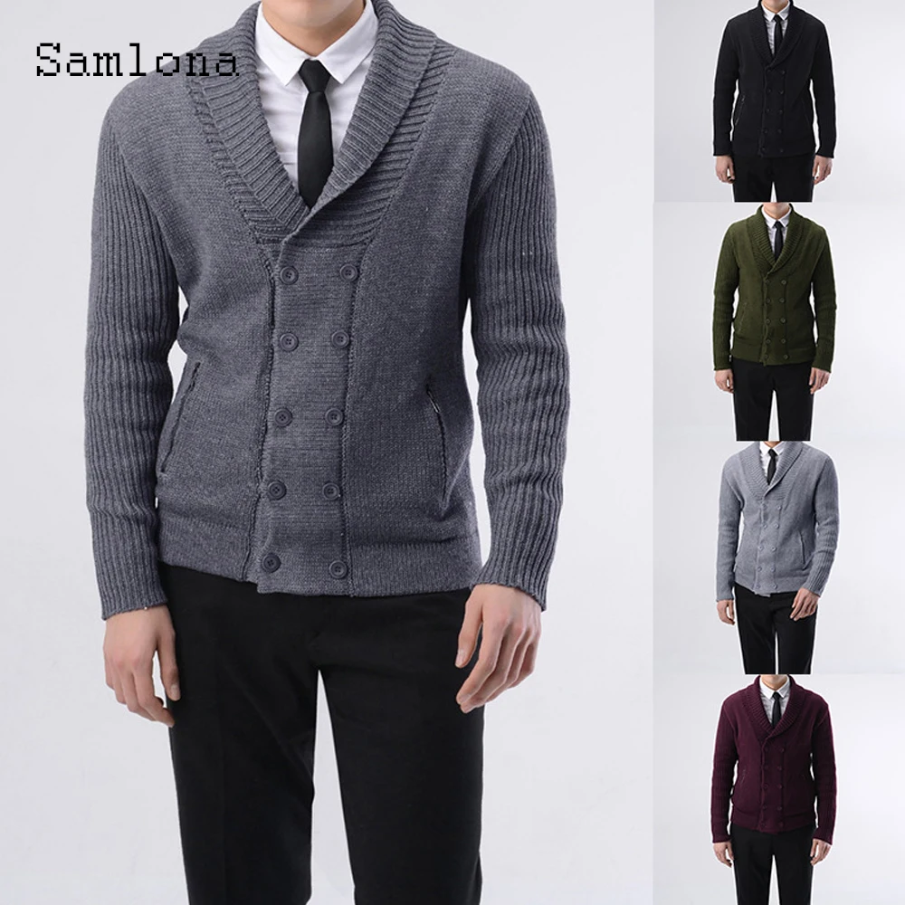 

Samlona Plus Size Men Knitting Sweater Male Streetwear 2021 Double Breasted Top Cardigans Knitwear Mens Gray Sweaters Homme 3XL