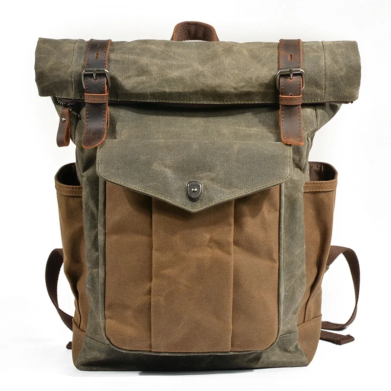 Ruil Men Retro Leather Waxed Canvas Backpack Outdoors Waterproof Vintage Camping Travel Backpacks