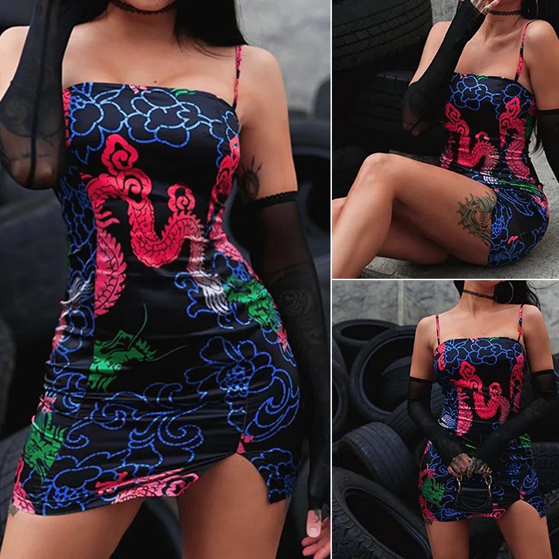 

Summer Ladies Dragon Print Suspender Sexy Dress Female Waist Was Thin And Sexy Beautiful Temperament Goddess Dress robe dress