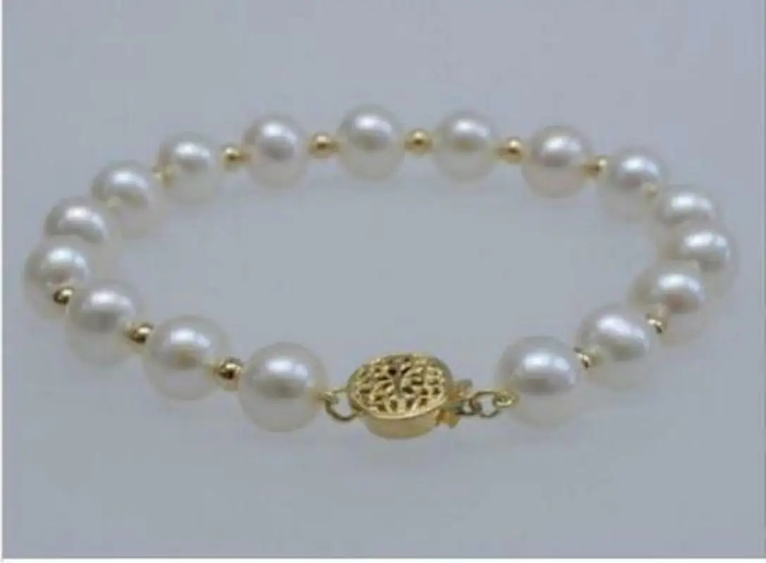 

Натуральный 9-10 мм Южное море подлинный белый жемчужный браслет 14k GP, застежка 7,5-8"
