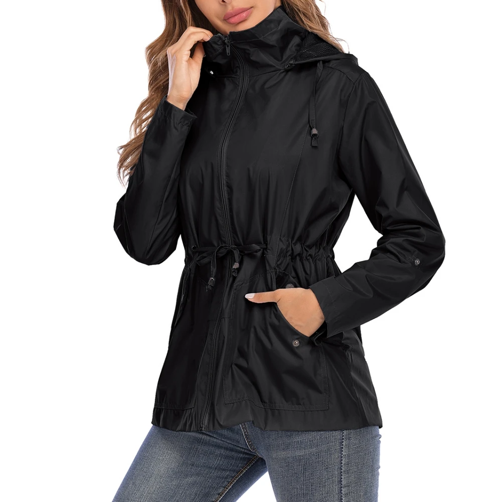 

Autumn Women Lightweight Solid Jacket Hooded Hiking Long Rainwear Active Waterproof Warm Trench