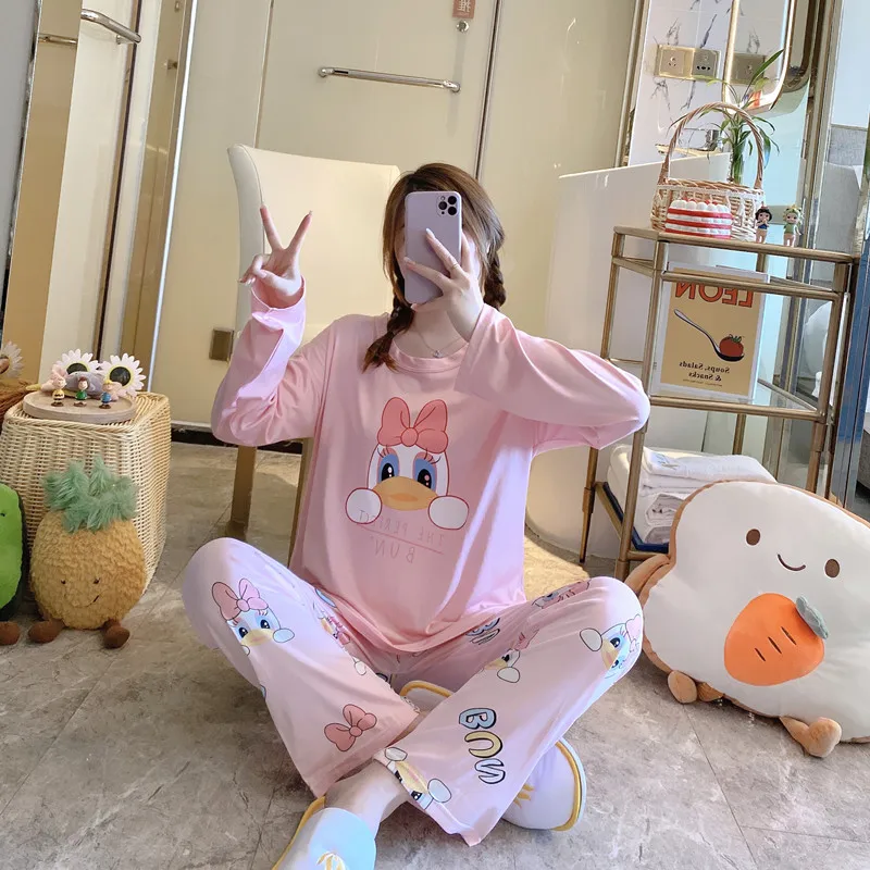 

Женская демисезонная пижама Disney, милый костюм с длинными рукавами из мультфильма «Дональд Дак» розового цвета для дома