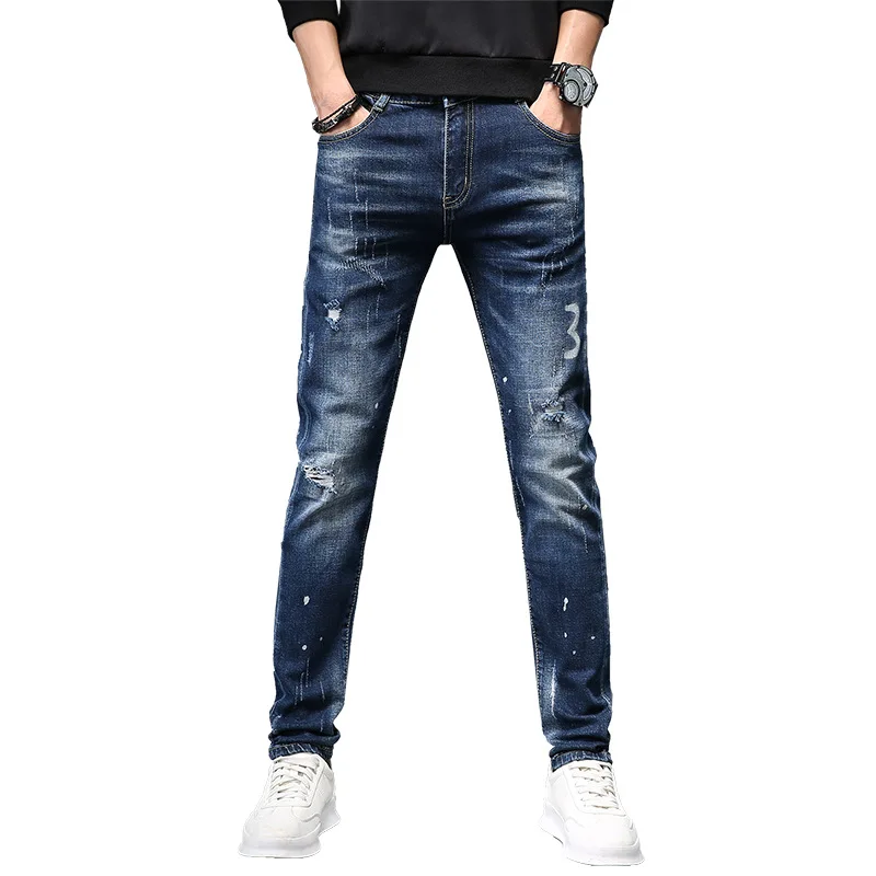 

20 high end embroidery worn out washed European men's slim little feet micro elastic cotton jeans autumn and winter trousers