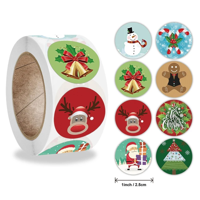 

500pcs/roll Round 8 Designs Merry Christmas Stationery Stickers Seal Labels for Envelope Cards Gift Package Scrapbooking Decor