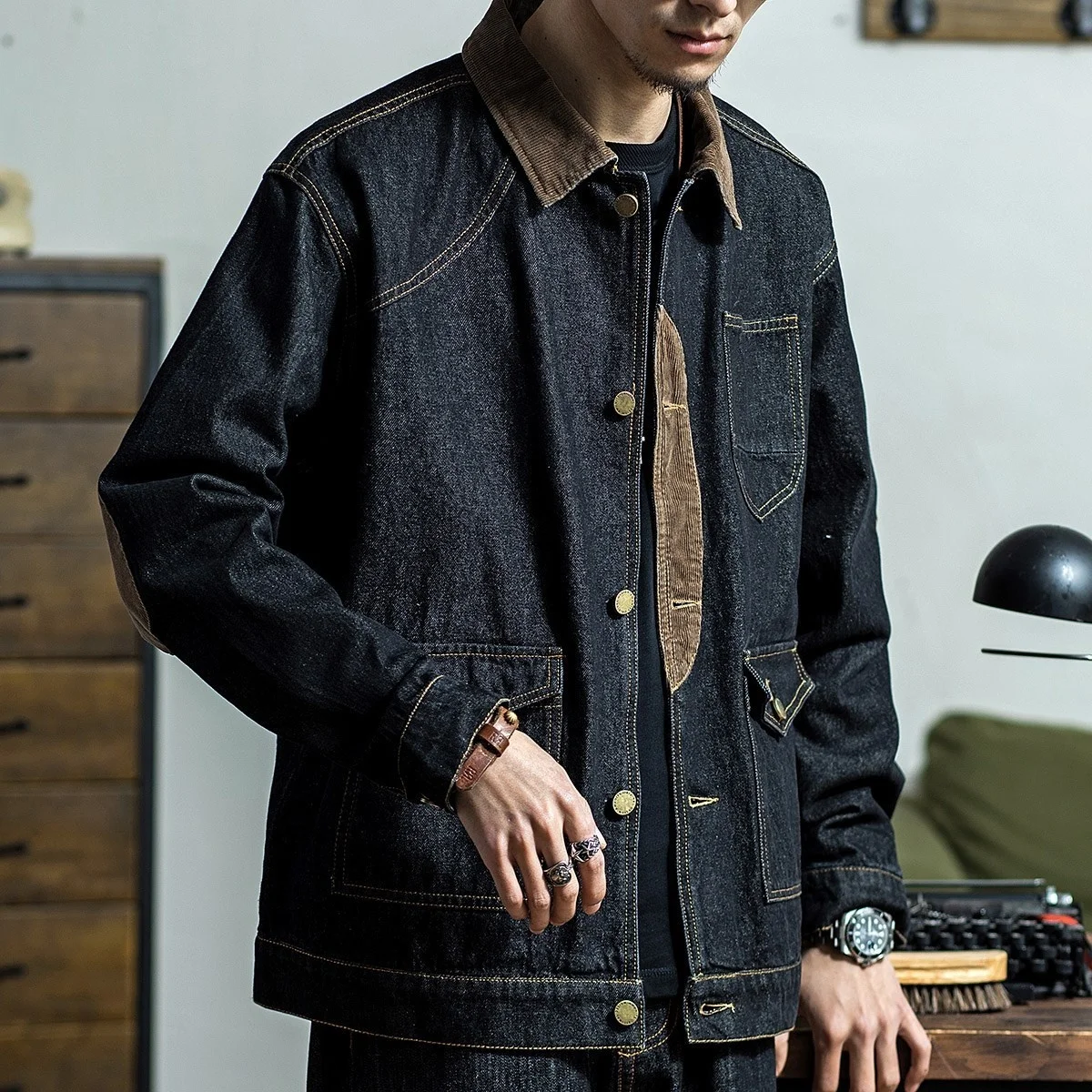 

2021 summer new American jacket denim corduroy stitched denim loose coat trendy man