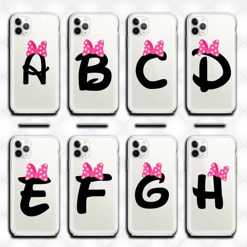 

Alphabet Letter Cartoon Cute Bow Phone Case clear for iphone 13 12 11 Pro max mini XS XR 8 7 6 6S Plus X 5S SE 2020 XR cover