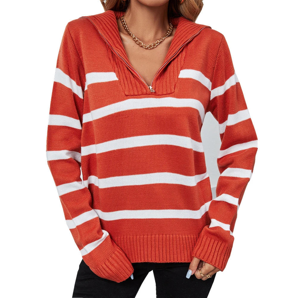 

Женский свободный трикотажный джемпер в полоску, повседневный шикарный пуловер с отложным воротником и длинными рукавами, Осень-зима 2022