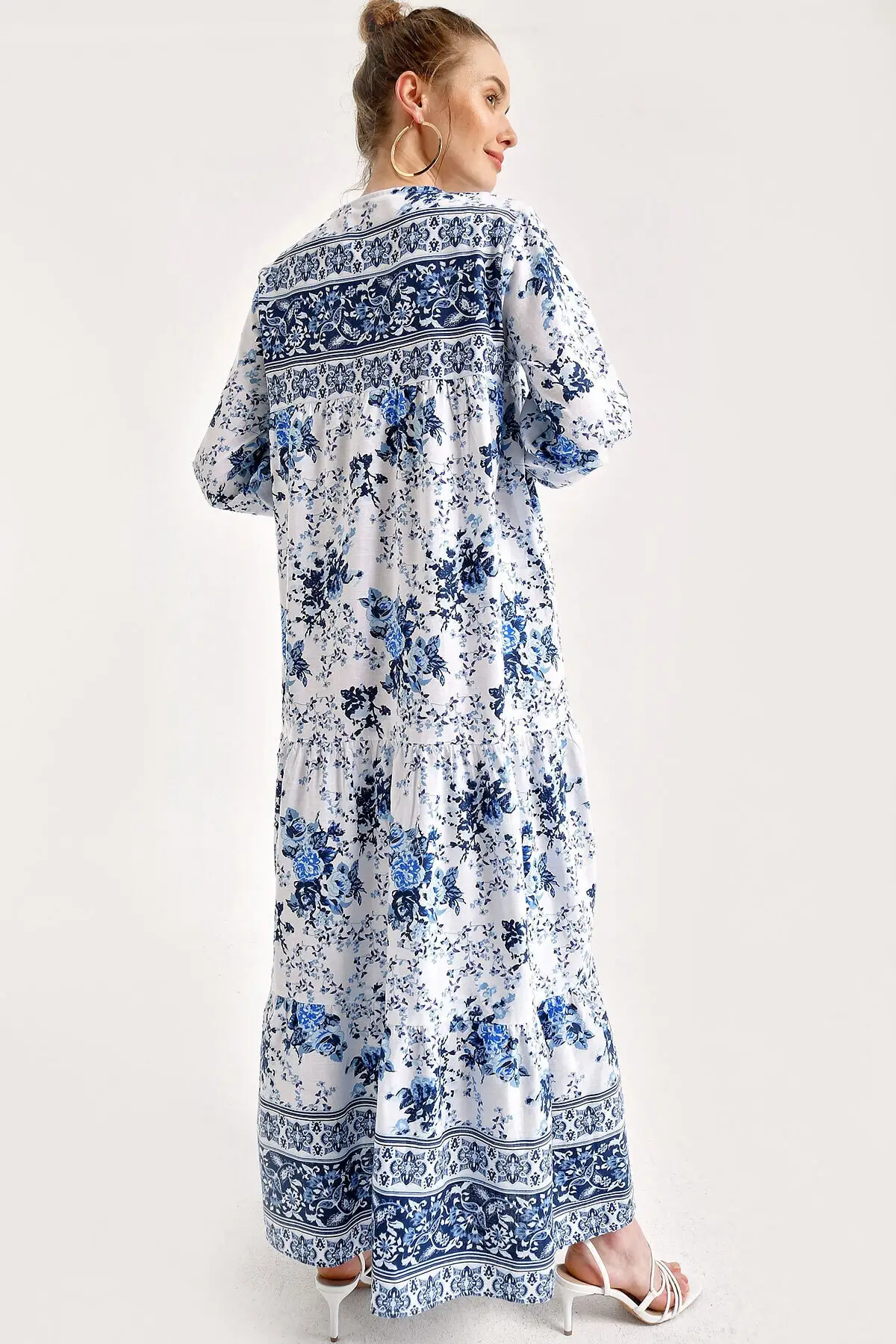 

Women Blue Flower Print Sleeve Shirred Robal Dress 1947