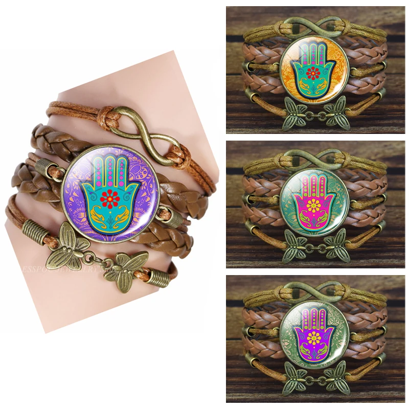 

1pc Hamsa Brown Leather Bracelet Yoga Hand of Fatima Judaica Pattern Glass Cabochon Jewelry Women Multilayer Woven Bangle