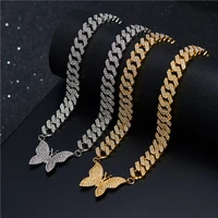 bling ice out cuban chain zircon butterfly pendant necklace 12mm stainless steel for men women jewelry