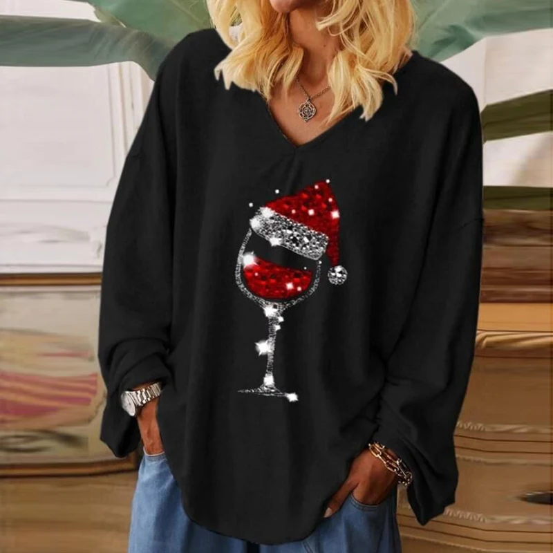 

Autumn Winter Christmas Wine Glass Printed Ladies Blouses Women Casual V Neck Pullovers Tops Streetwear Long Sleeve Loose Shirts