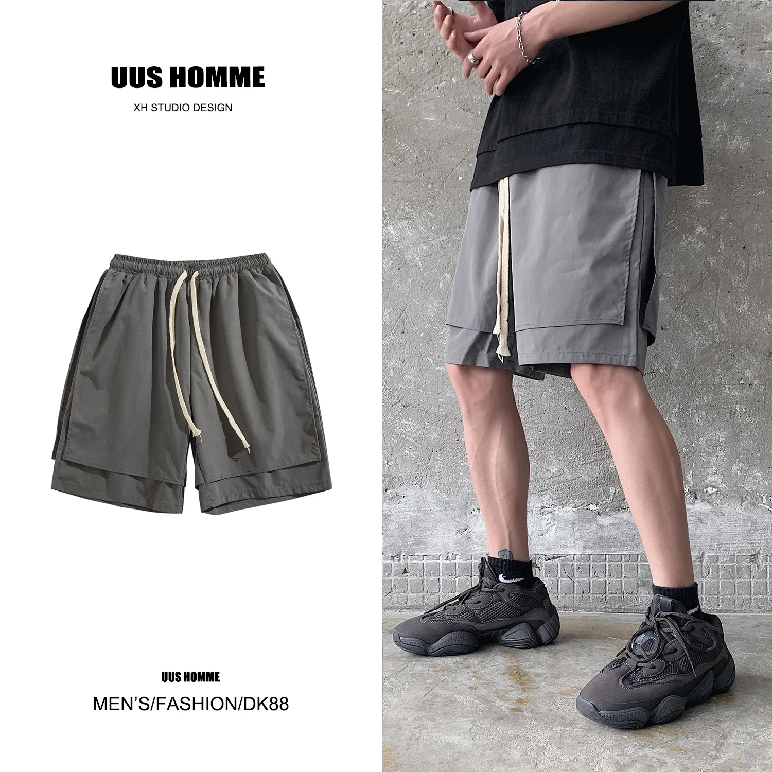 

2021Summer Men's Pants Matching Color Loose Fake Two Casual 5-Cent Sports Shorts Korea Version Of The Tre