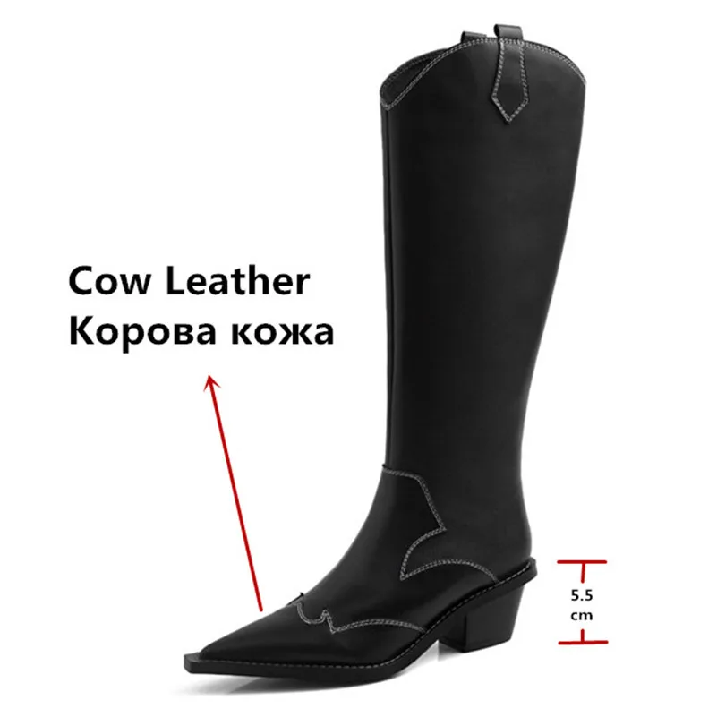 Женские ботинки FEDONAS черные до середины икры с острым носком из натуральной кожи