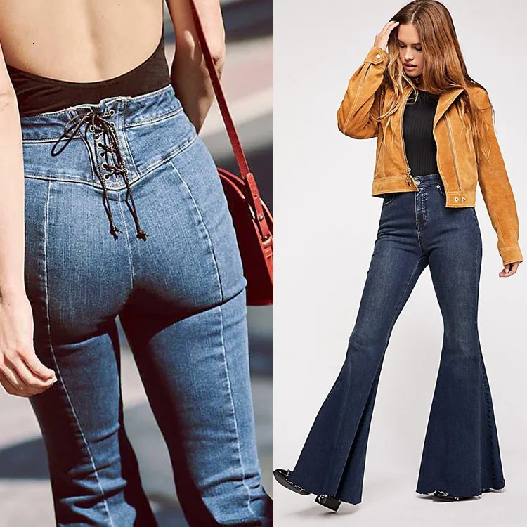 Womens Flare Jeans High Waisted Wide Leg Jean Woman Fashion Sexy Push UP Back Bandage Denim Pants Long Bell Bottom Skinny Jeansy | Женская
