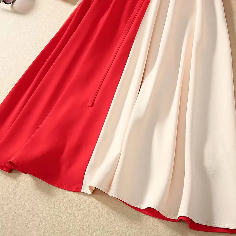 

New Korean Fashion Dress 2020 Spring Style Women Turn-down Collar Color Block Patchwork Drawstring Waist Red Dark Blue Dress OL