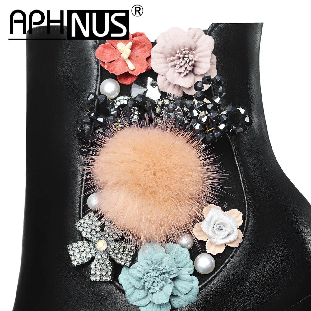 

APHNUS Womens Boots Genuine Leather Appliques Short Ankle Booties Mid High Heels Pumps Flowers Woman 2020 Shoes For Women Boot