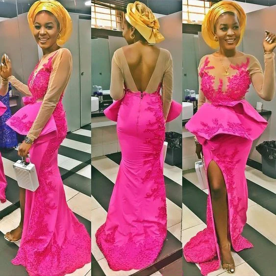

Aso Ebi Prom Dresses Slit Hot Pink Mermaid Nude Long Sleeves Appliques O-neck Open Back Long Gown vestidos largos de fiesta