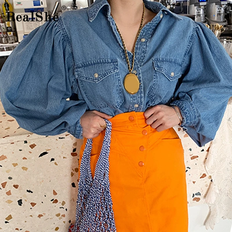 RealShe женская джинсовая куртка с отворотом рукав фонарик карманами одноцветная
