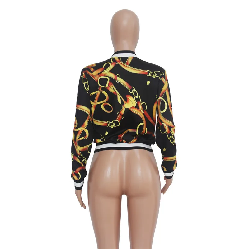 

2020 Autumn Women Fashion Chain Print Bomber Jacket Long Sleeve Pockets Zipper Basic Baseball Short Coats and Jackets Outerwear