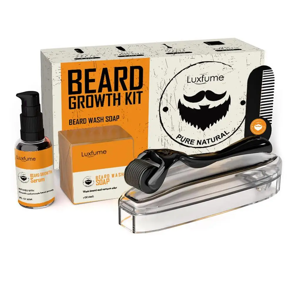 

4pcs/set Beard Care Set Men's Beard Growth Kit Beard Growth Liquid Beard Essence Roller Beard Cleaning Cream Comb Care Kit