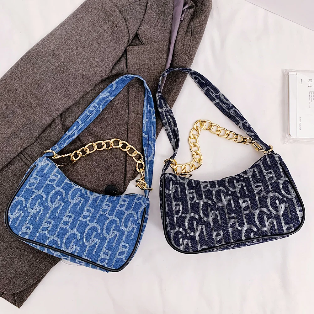 

Популярные джинсовые сумки для подмышек, маленькие женские сумки на молнии с цепочкой, дамские сумочки на плечо с принтом маленьких букв